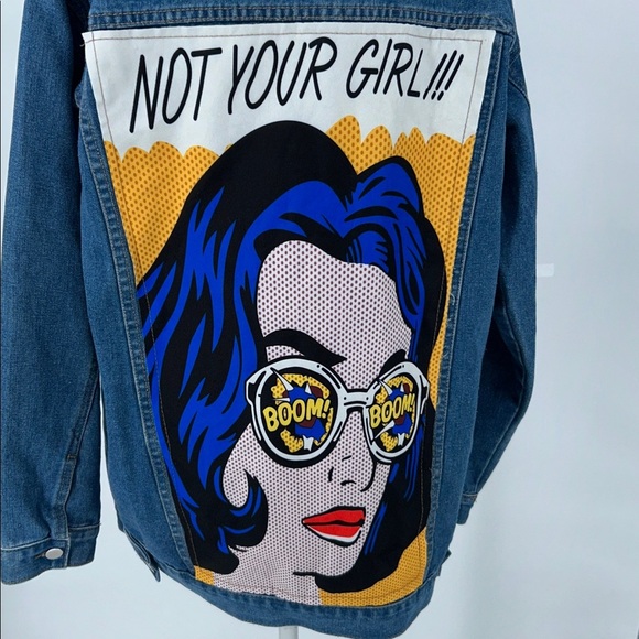 Shein Jean Jacket Denim Size L Not Your Girl Boom Boom Comic Pop Cotton/Poly - Picture 7 of 12